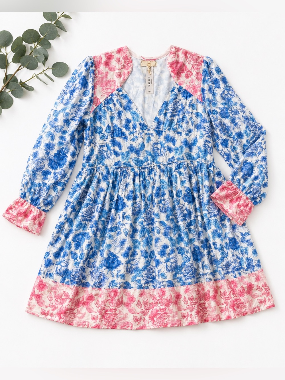 Simply Southern Blue and Pink Floral V-Neck Dress NWT
